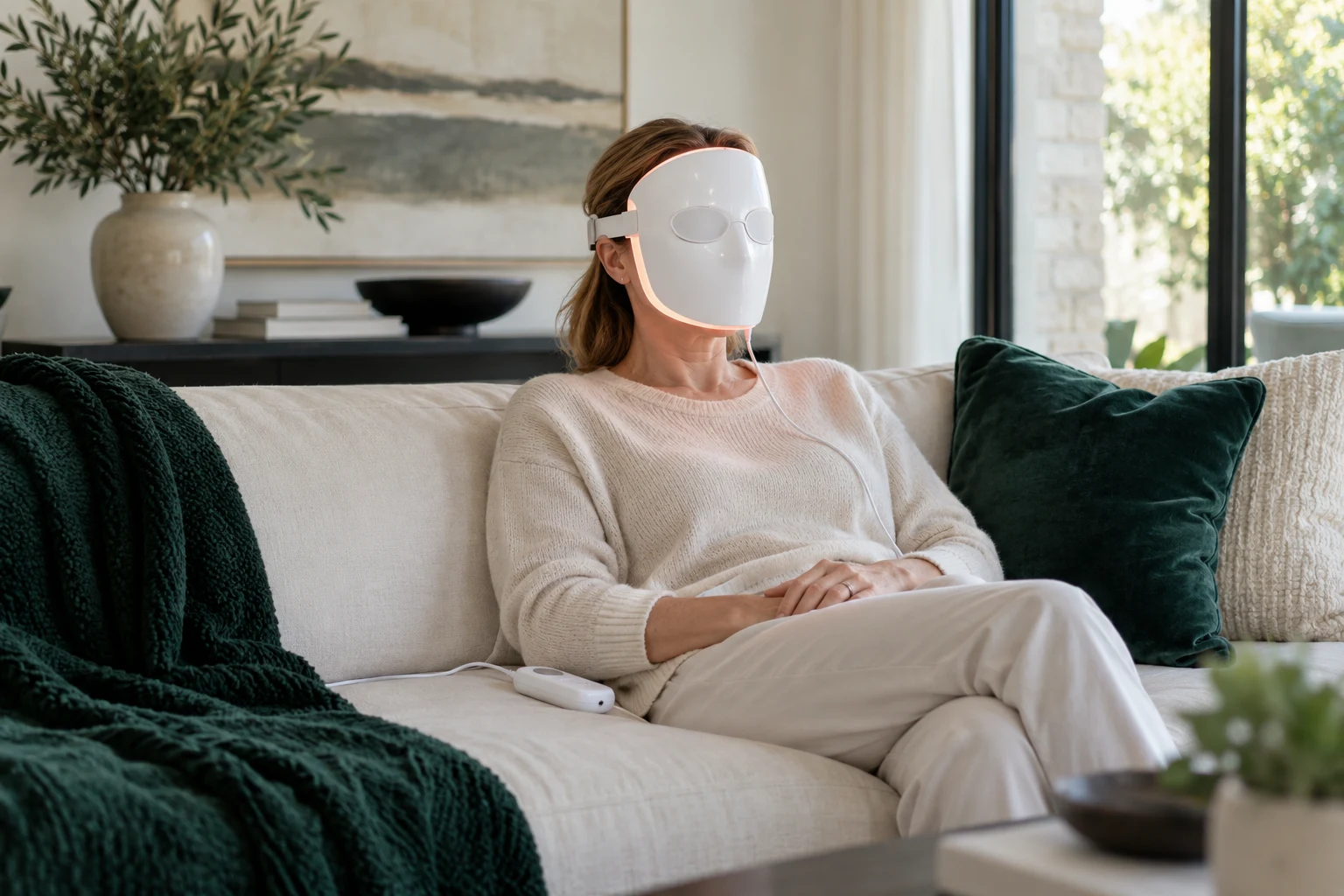 Conceptual scene of a woman relaxing at home with an unbranded face mask