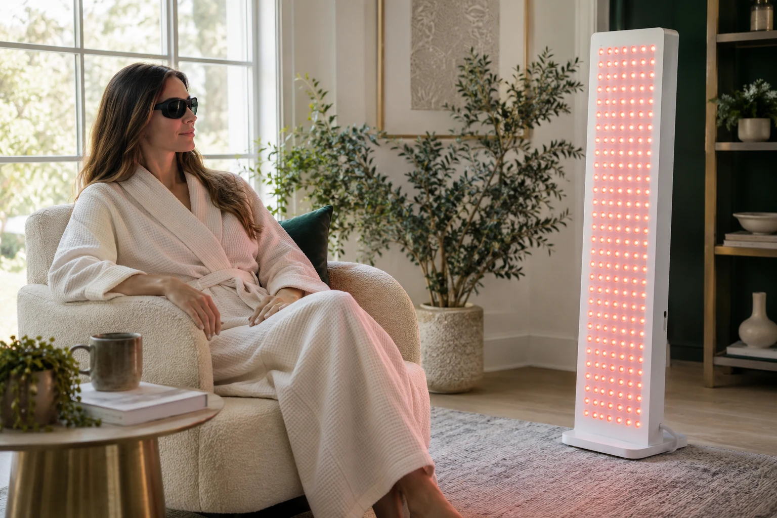Conceptual home setting with a woman seated near a light panel